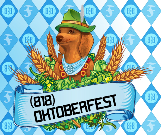 Illustrated brown dog in Bavarian attire, with hops, wheat, with blue banner “818 Oktoberfest”