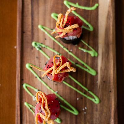 Tuna sushi, top view.