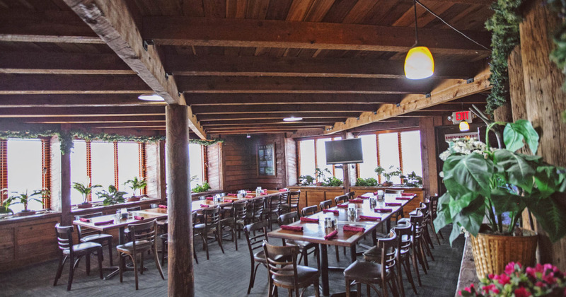 Interior, long tables with chairs, ready for guests