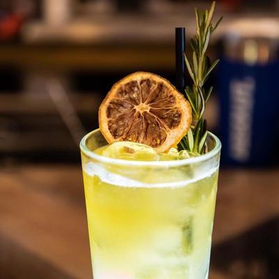 Cocktail garnisned with dry lemon wheel and rosemary spring, closeup.