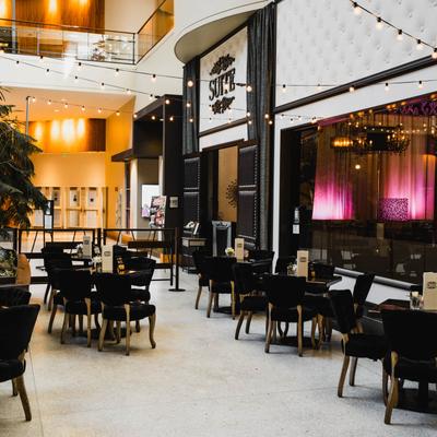 Indoor patio, seating.