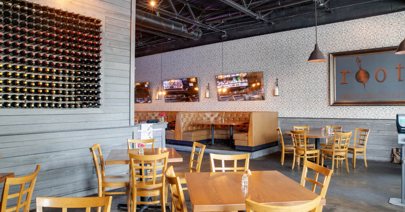 Interior, seating area with the restaurant sign on the wall