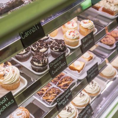 Counter with various desserts, closeup.