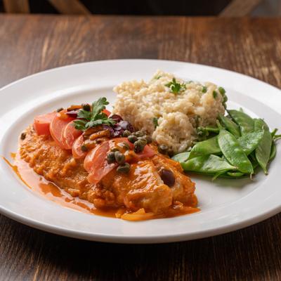 Chicken topped with sauce, tomatoes and capers, served with rice and spinach.