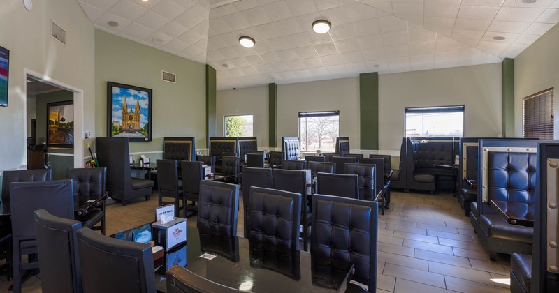 Interior, dining tables, chairs, booths
