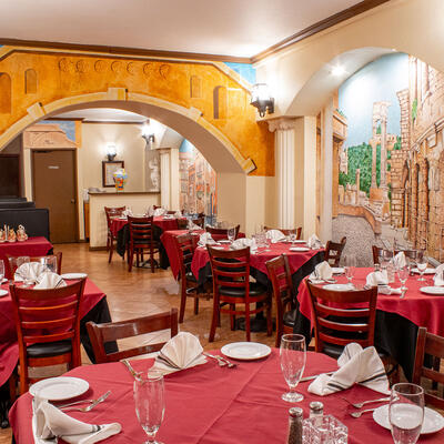 The interior, tables and chairs.