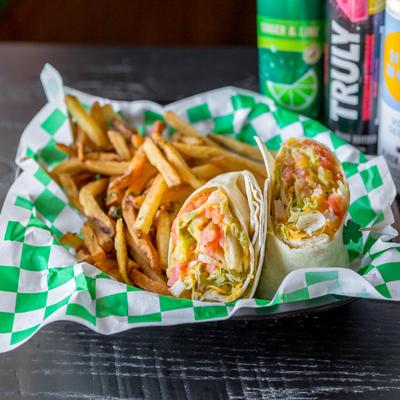 Grilled chicken wrap and fries.