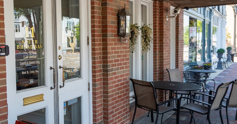 Exterior, entrance, porch, tables, chairs
