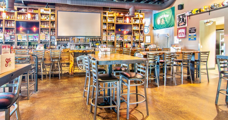 Interior, dining area, tall tables and chairs