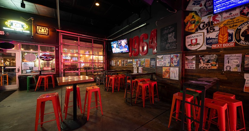 Interior, high tables and chairs