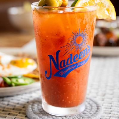 Bloody Mary in a branded glass.