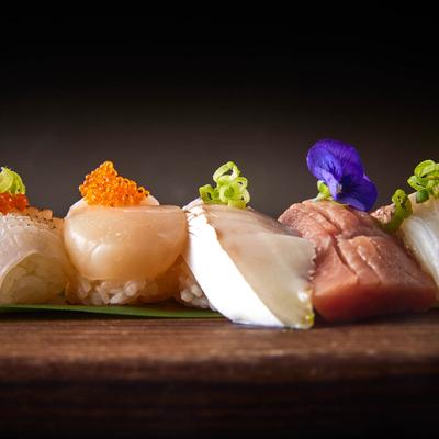A close up of Sashimi and nigiri pieces selected by Chef.