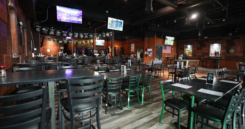 Interior, bar area, tables, stools, bar