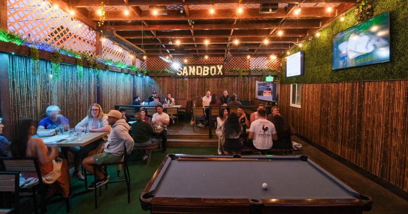 Seating area with a pool table