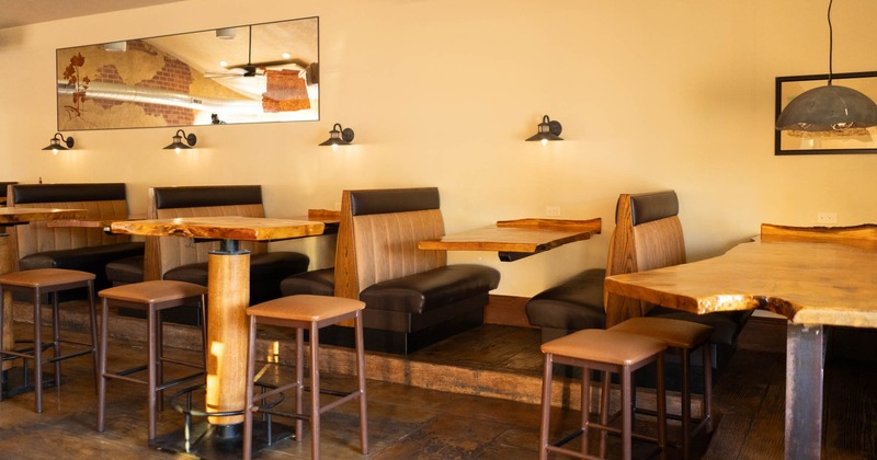 Interior, booths, tables and chairs