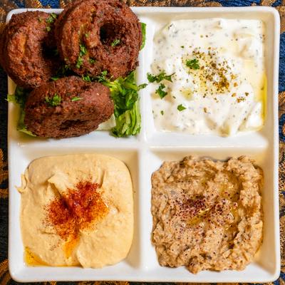 Vegan Falafel Mezza Platter.