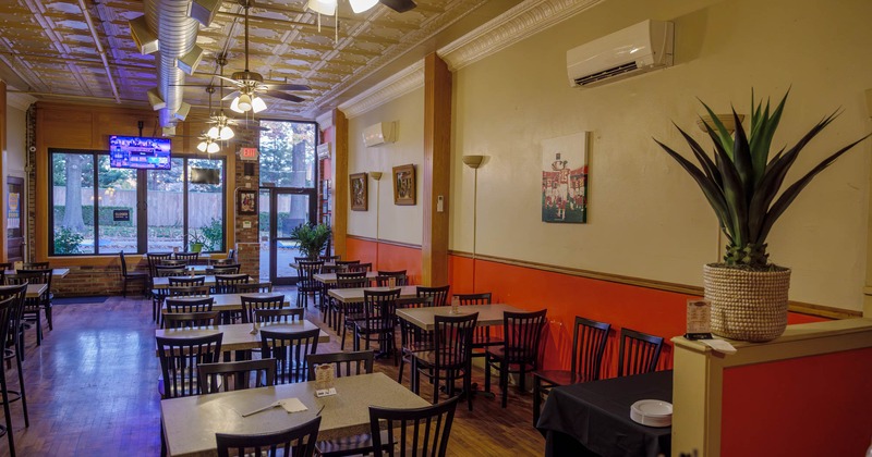 Interior, diner area, tables and chairs