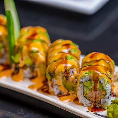Doggy Dog Roll with shrimp tempura, cream cheese and avocado.