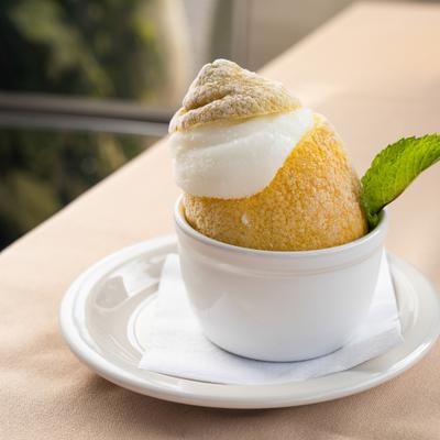 Lemon Sorbetto served inside a hollowed-out, frozen lemon shell.