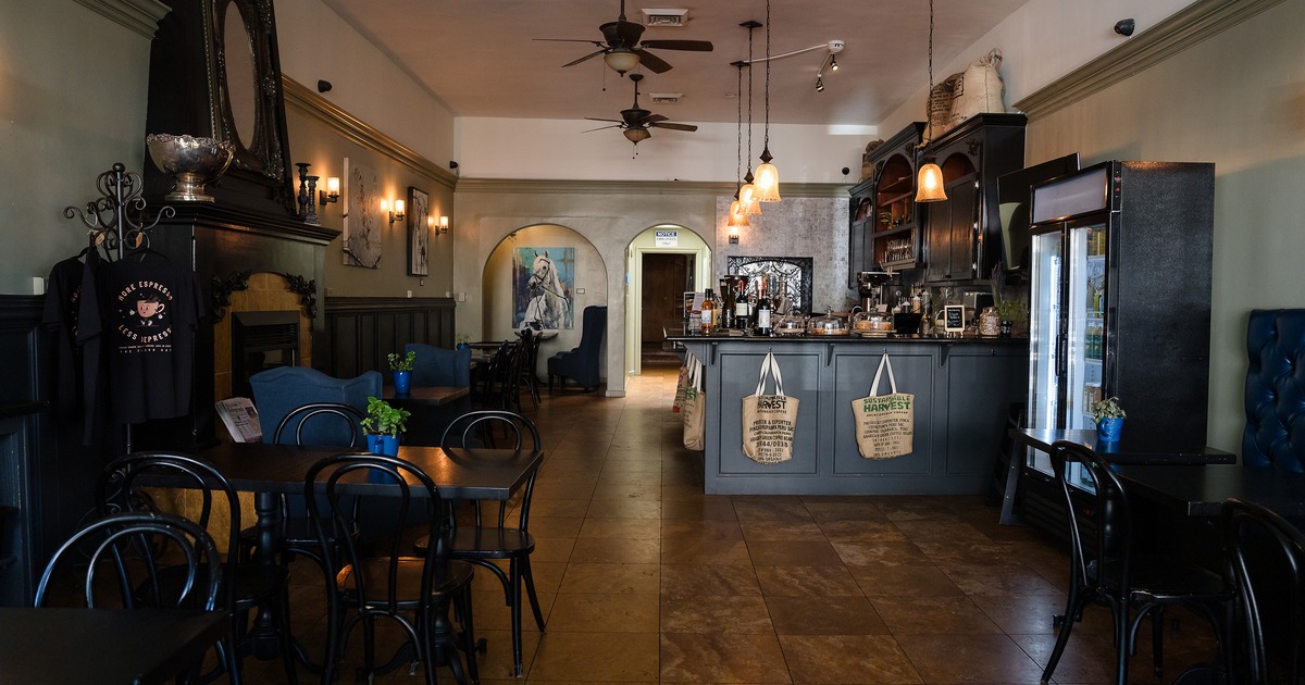 Rustic and casual interior, seating area, and bar area