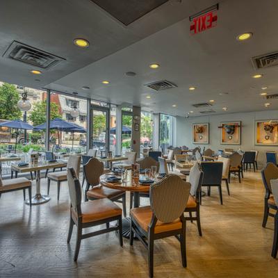 The restaurant's interior, tables and chairs.