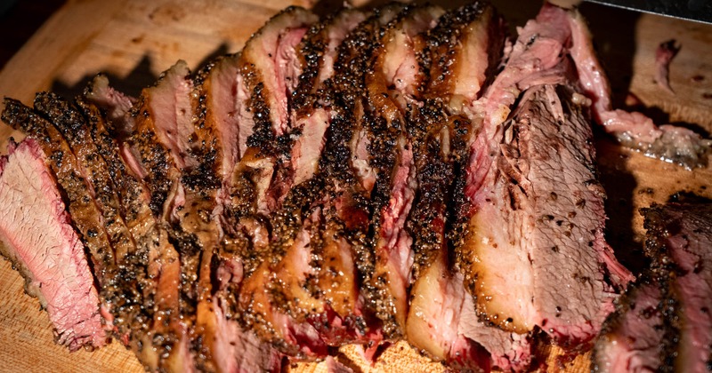 Slices of a smoked beef brisket