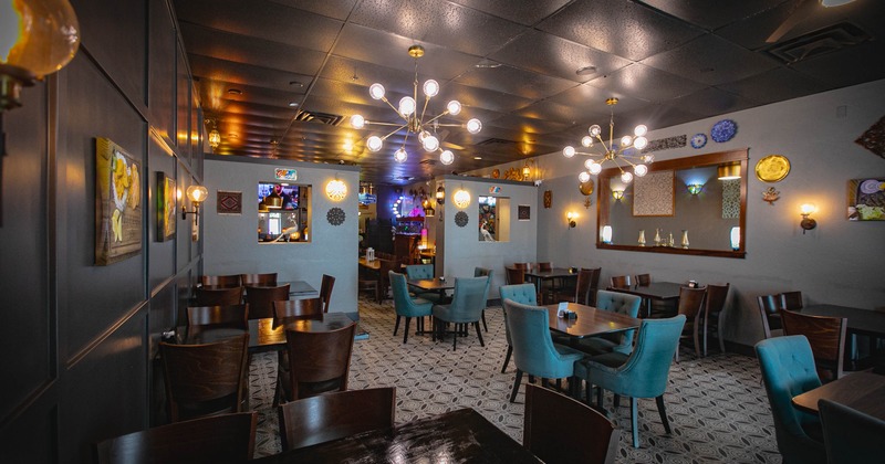 Interior, seating area with tables and chairs