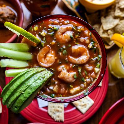 A shrimp cocktail with lime, cucumber, avocado; tortillas, meatballs, chips and a margarita