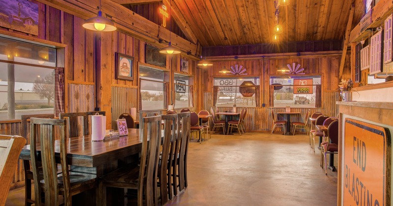 Interior, wooden tables and chairs