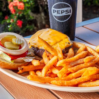 Cheeseburger with fries.