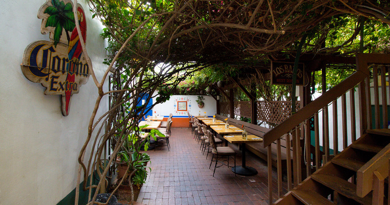 Inside, patio, seating space with vine plants