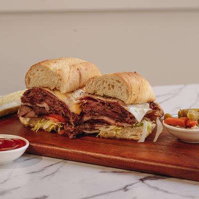 Cut sandwiches on a wooden board.
