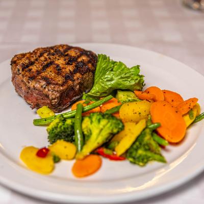Grilled steak with mixed vegetables.