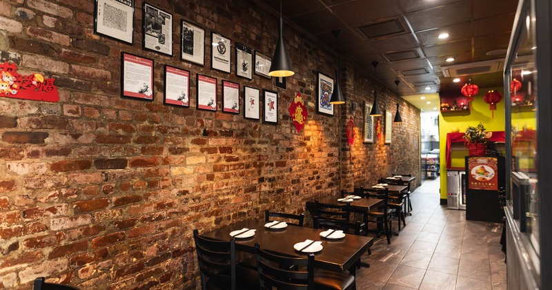 Interior, chairs and tables, brick wall