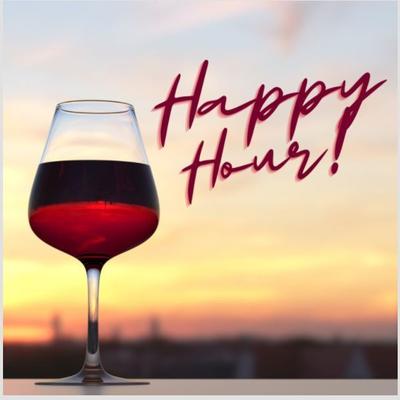 A large glass of red wine against a sunset sky with the text Happy Hour.