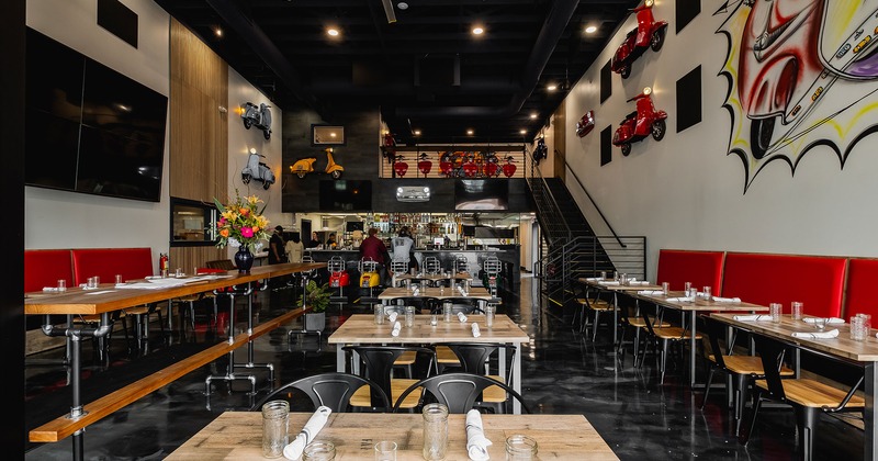 Interior, seating area, dining tables set up