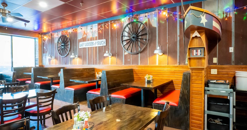 Interior, seating area with booths and tables