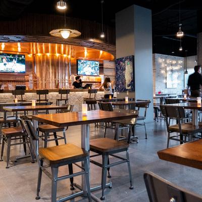 Interior, seating area and bar.