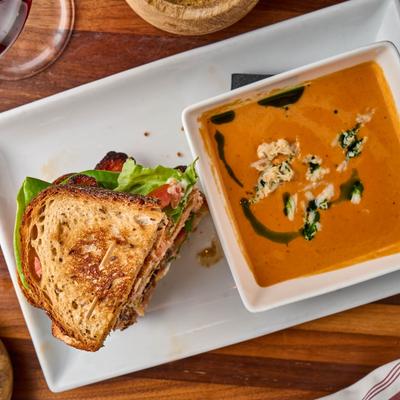 Salmon BLT sandwich and soup.
