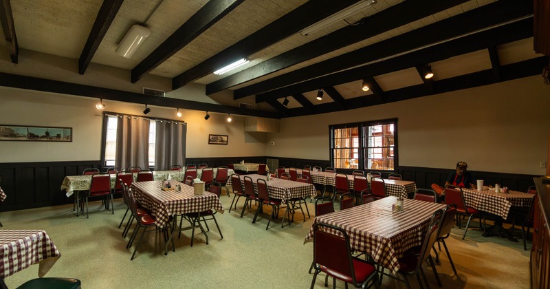 Interior, tables and chairs ready for guests