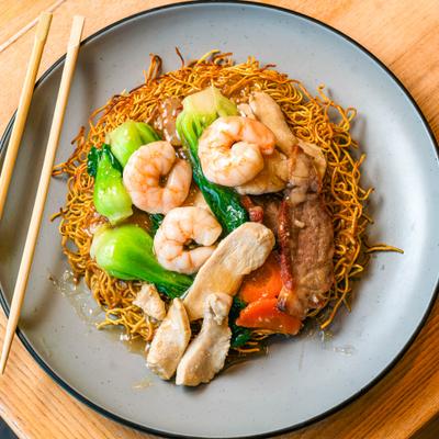 Crispy noodles with pork, shrimp, chicken, and veggies.