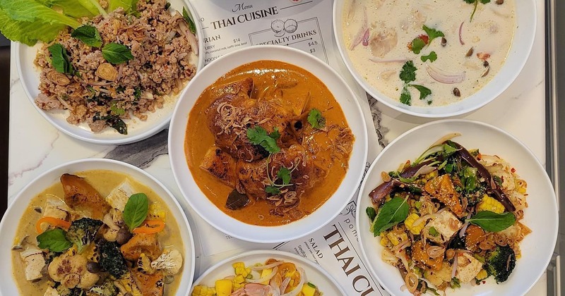VAriety of dishes displayed on a table