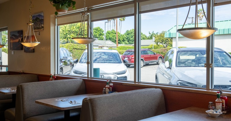 Interior, booths with view of the outside