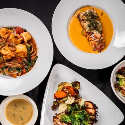 Assorted food plates, top view