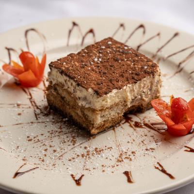 Slice of Tiramisu cake.