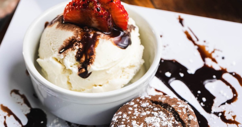 Lava cake and vanilla ice cream on a plate