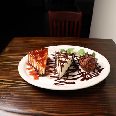 Deserts Cheese cake, Chocolate mousse and peanut butter cream pie.