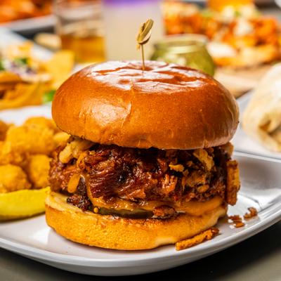 Smokehouse Burger with tater tots.