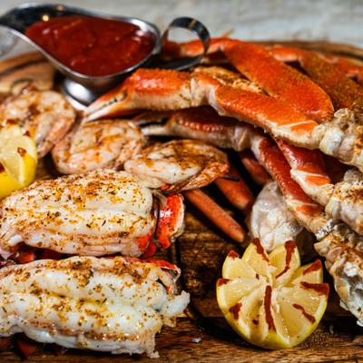 Mixed seafood platter, closeup.