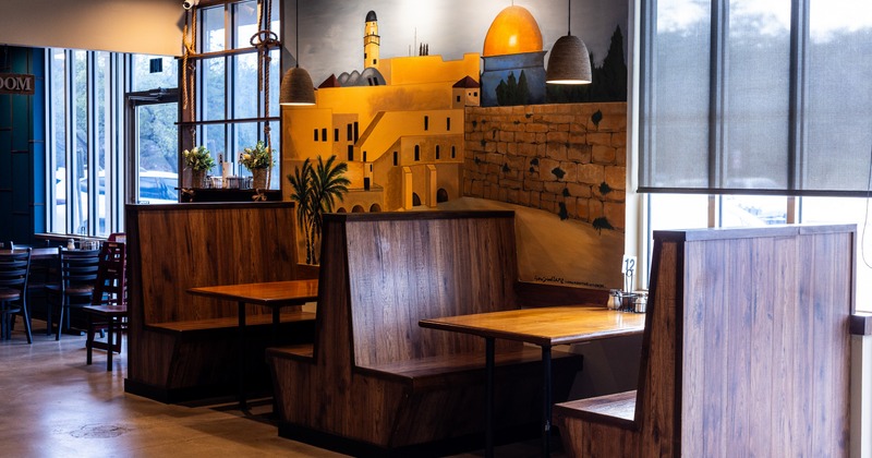 Interior, wooden dining booths